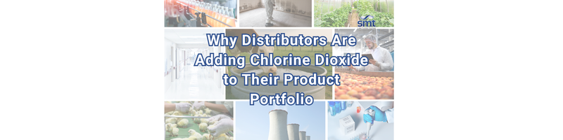 Why Distributors Are Adding Chlorine Dioxide to Their Product Portfolio with a collage of food processing, agriculture, water treatment, poultry, and industrial sanitation applications.