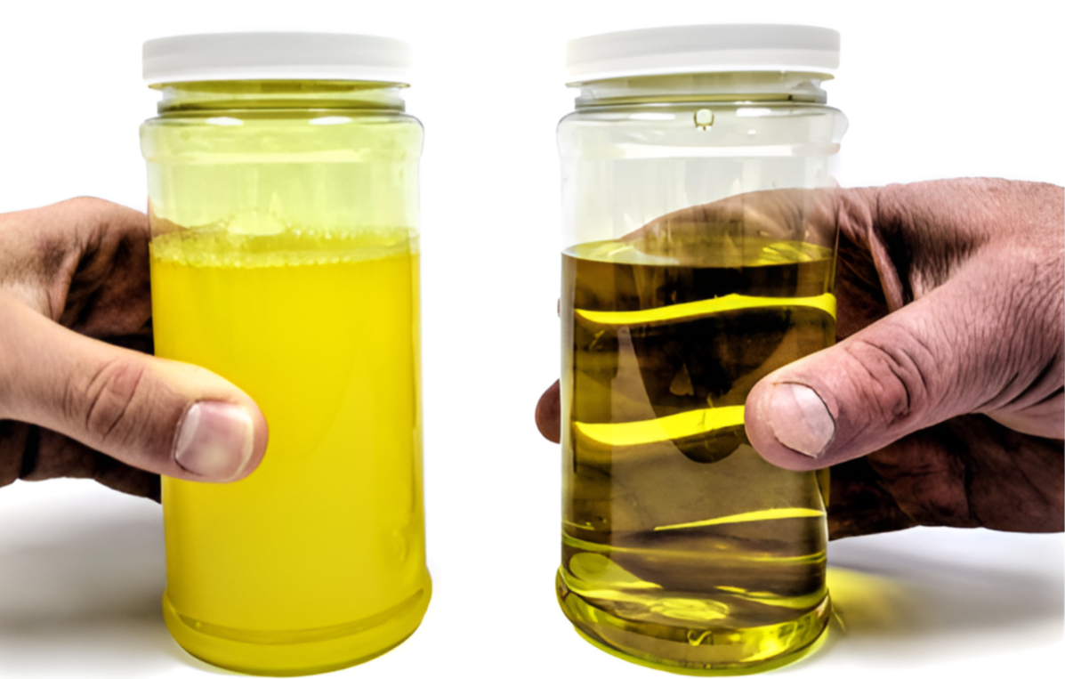 Two jars held side by side. The stabilized chlorine dioxide on the left is cloudy and opaque; the Selectrocide on the right is clear.