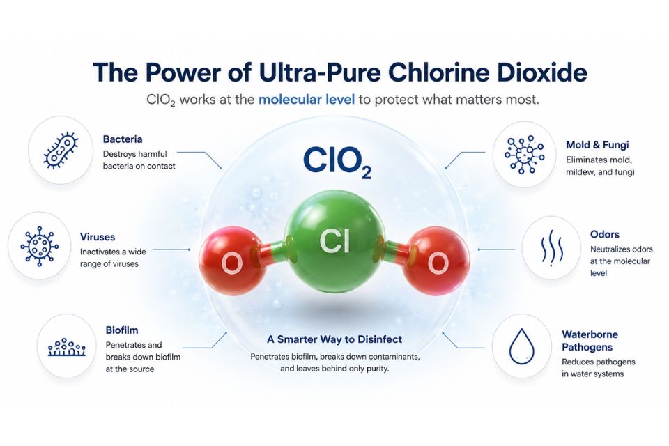 Ultra-Pure chlorine dioxide molecule diagram showing effectiveness against bacteria, viruses, biofilm, mold, odors, and waterborne pathogens.