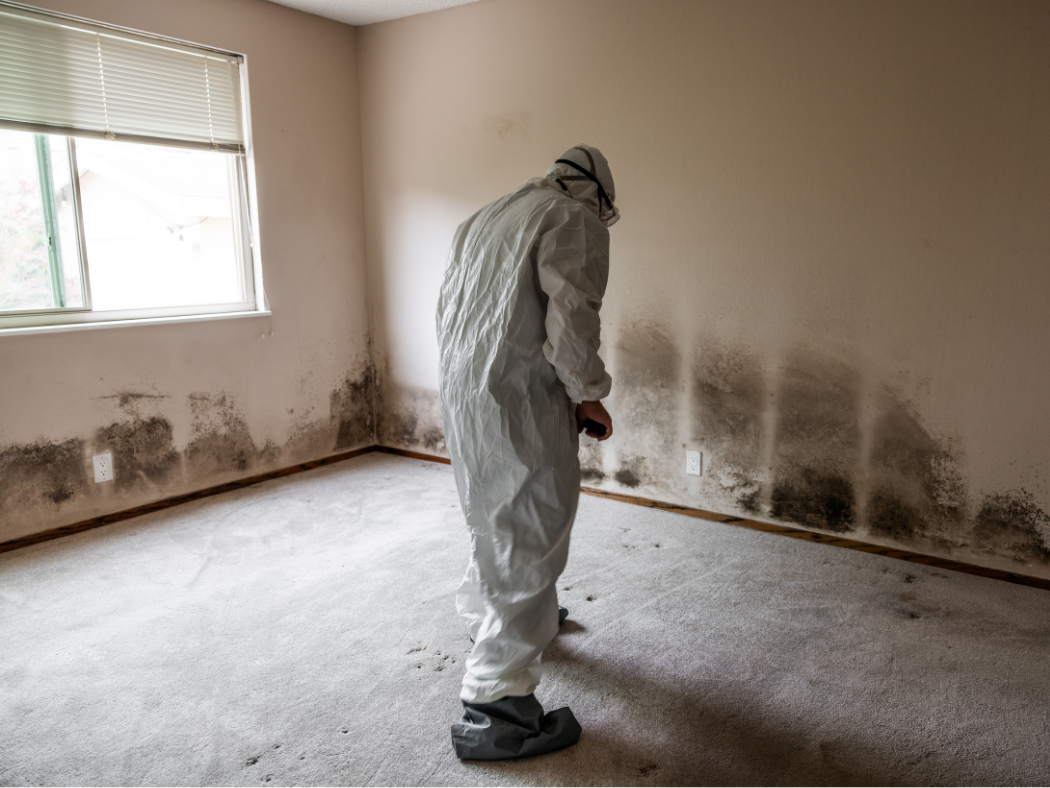 Remediation crew treating a mold-contaminated structure with Selectrocide chlorine dioxide