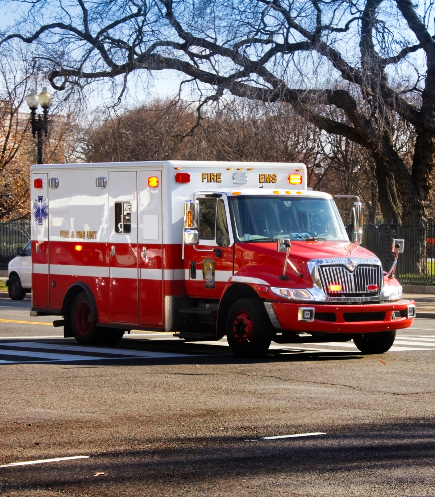 Emergency EMS vehicle sanitized with chlorine dioxide disinfectant for fleet and transportation sanitation.